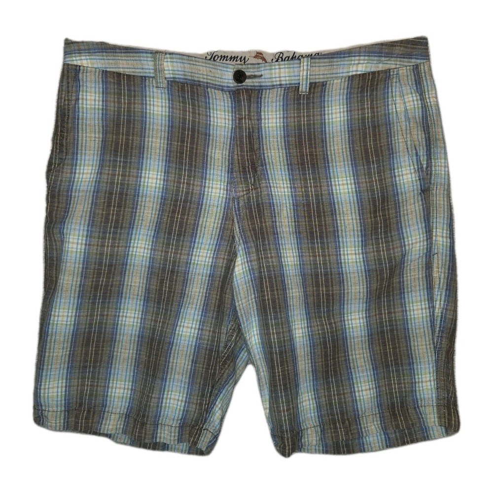 Tommy Bahama Linen Blend Shorts Men's 36 Plaid Chinos Breathable Preppy Casual - Picture 1 of 12